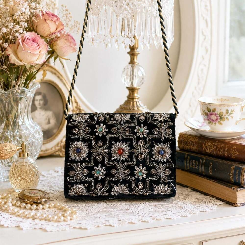 Vintage Indian Zardozi Black Velvet Jeweled Evening Bag